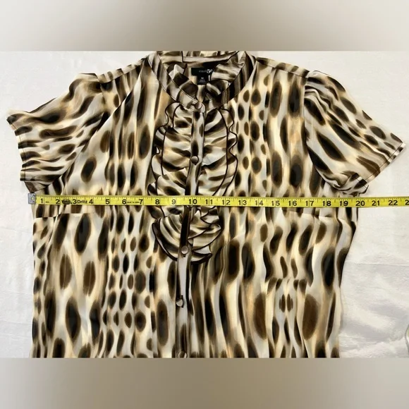 East 5th Semi-Sheer Spotted Print Ruffled High Collar Blouse, sz. MD - Picture 5 of 13